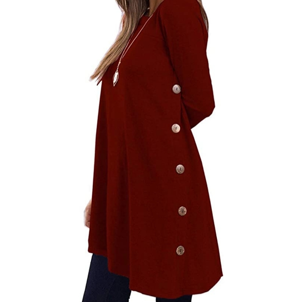 KORSIS Women's Long Sleeve Round Neck Button Side